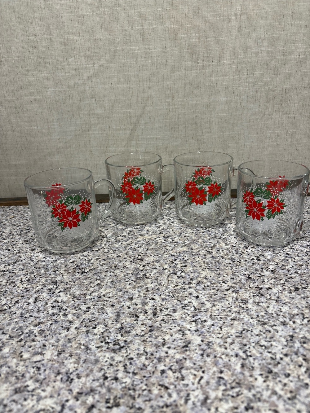 Vintage Luminarc Christmas Poinsettia Glass Mugs Set of 4 Holiday Coffee Cups